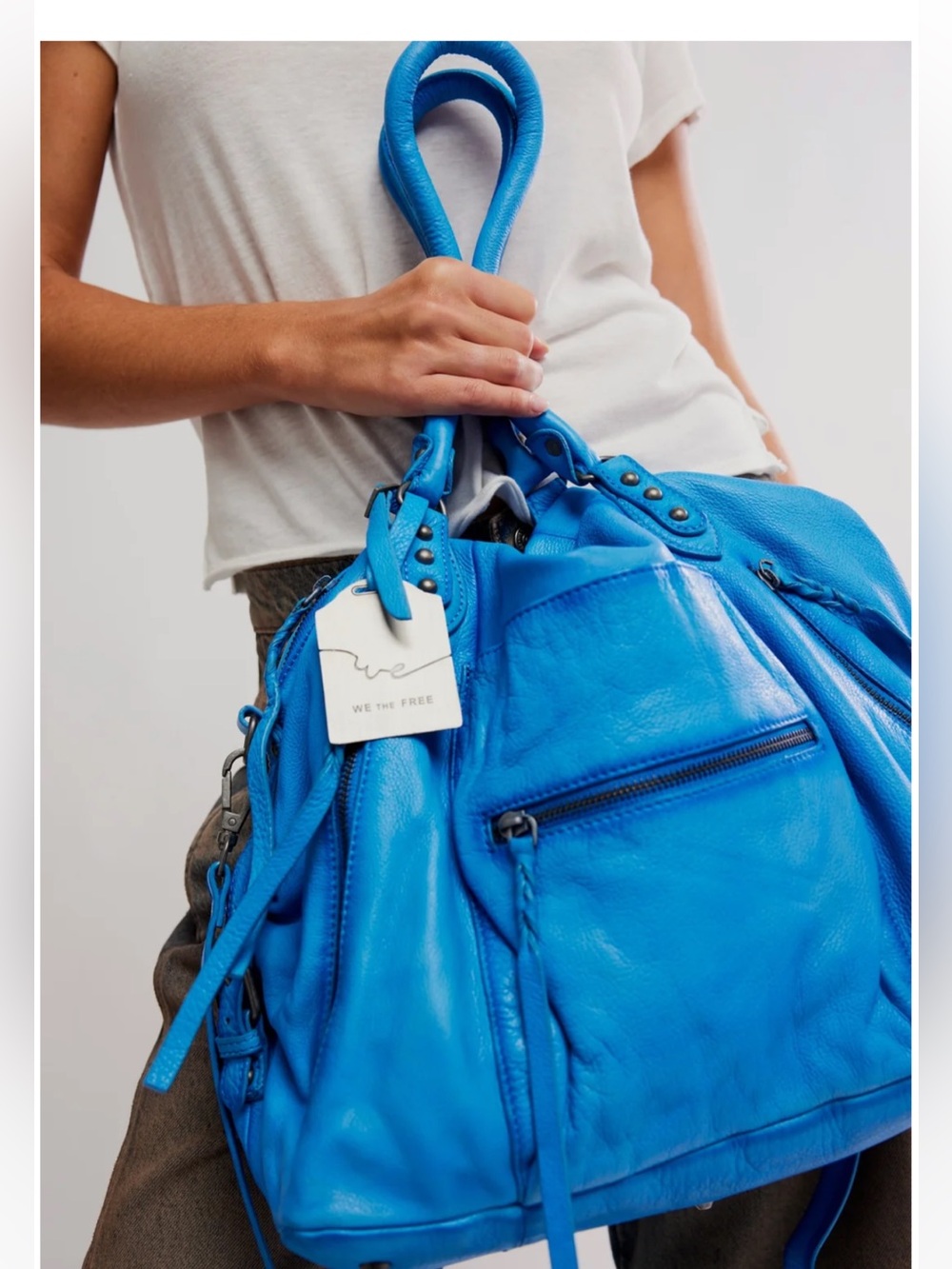 Free People large Emerson, tote in sapphire Blue Leather Bag NWT